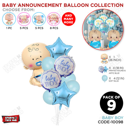 Baby Announcement Baby Boy Blue Color Foil Balloon Set With Latex Balloon - Pack Of 9