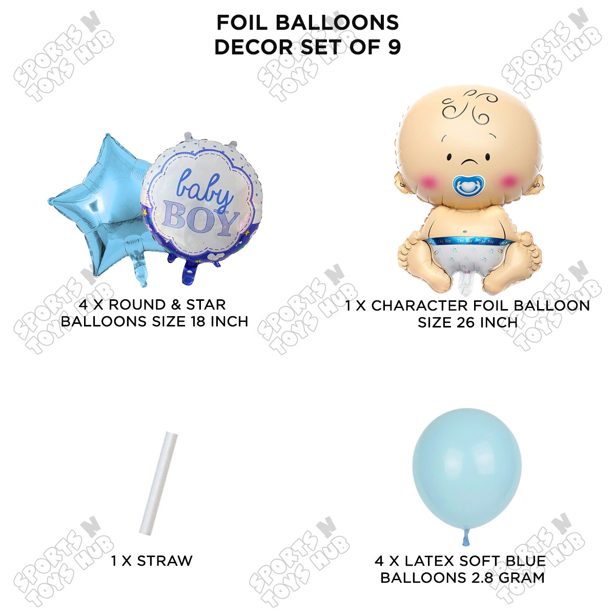 Baby Announcement Baby Boy Blue Color Foil Balloon Set With Latex Balloon - Pack Of 9