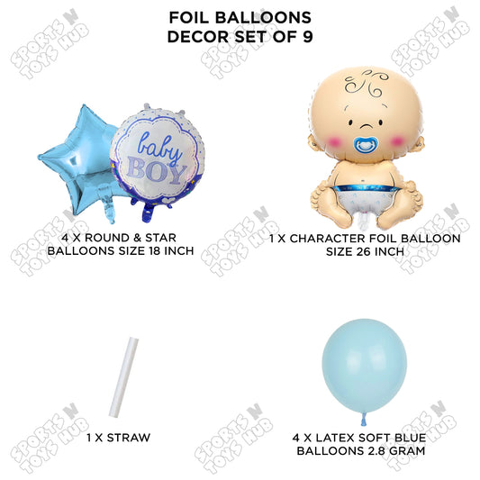 Baby Announcement Baby Boy Blue Color Foil Balloon Set With Latex Balloon - Pack Of 9