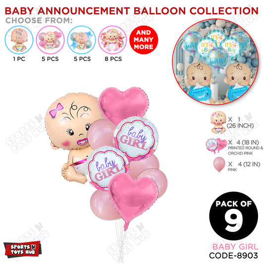 Baby Announcement Baby Girl Pink Color Foil Balloon Set With Latex Balloon - Pack Of 9