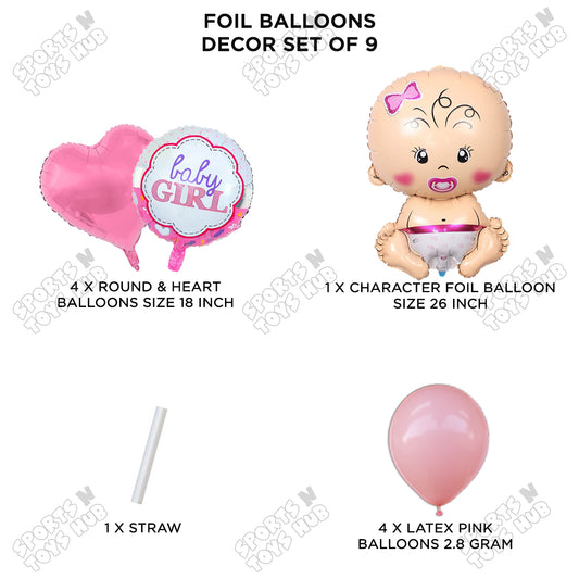 Baby Announcement Baby Girl Pink Color Foil Balloon Set With Latex Balloon - Pack Of 9
