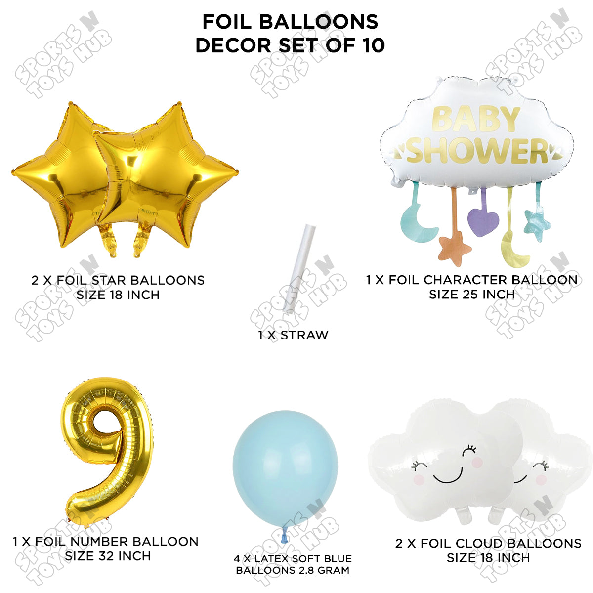 Baby Shower Cloud Pack Of 10 Foil Balloon Set With 32 Inch Foil Balloon Number