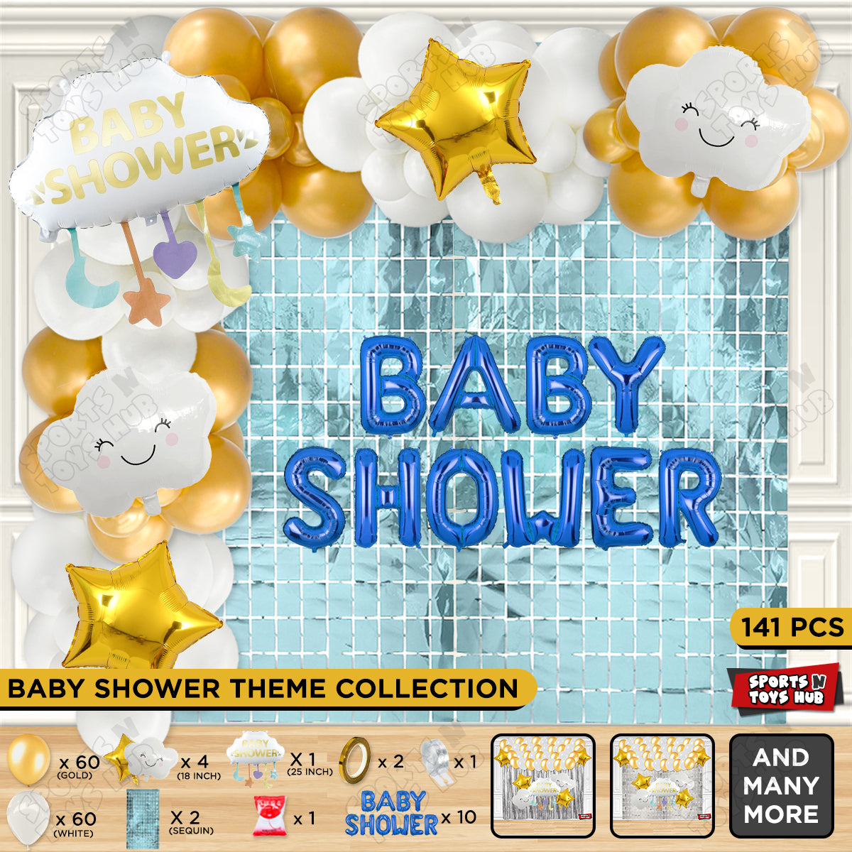 Baby Shower Cloud Foil Balloon Set With Happy Birthday Blue Color Foil Letter Arch Theme