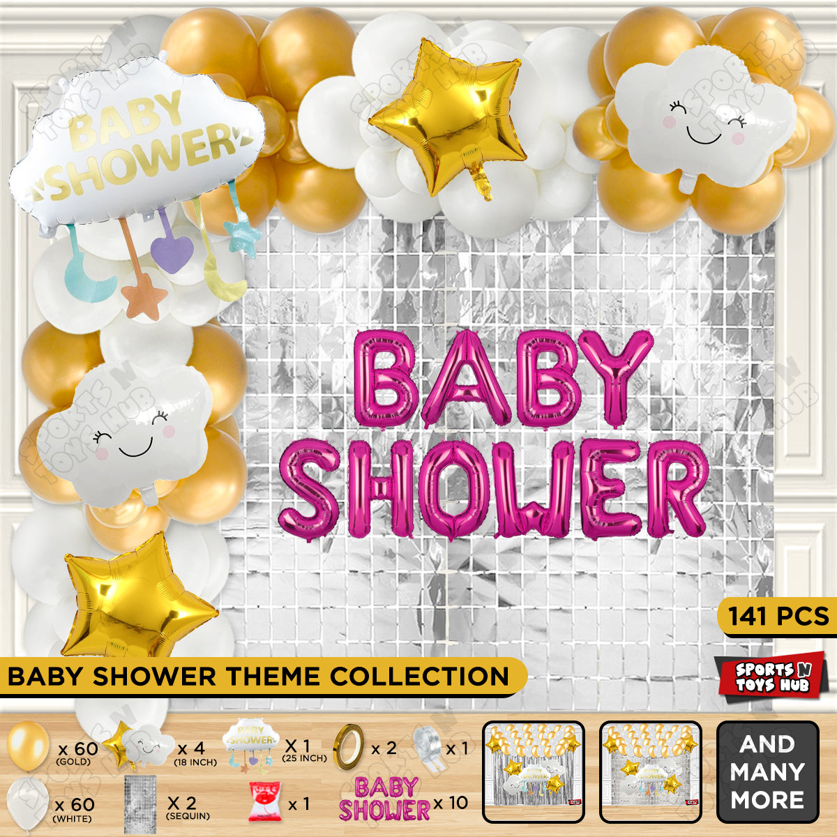 Baby Shower Cloud Foil Balloon Set With Happy Birthday Pink Color Foil Letter Arch Theme