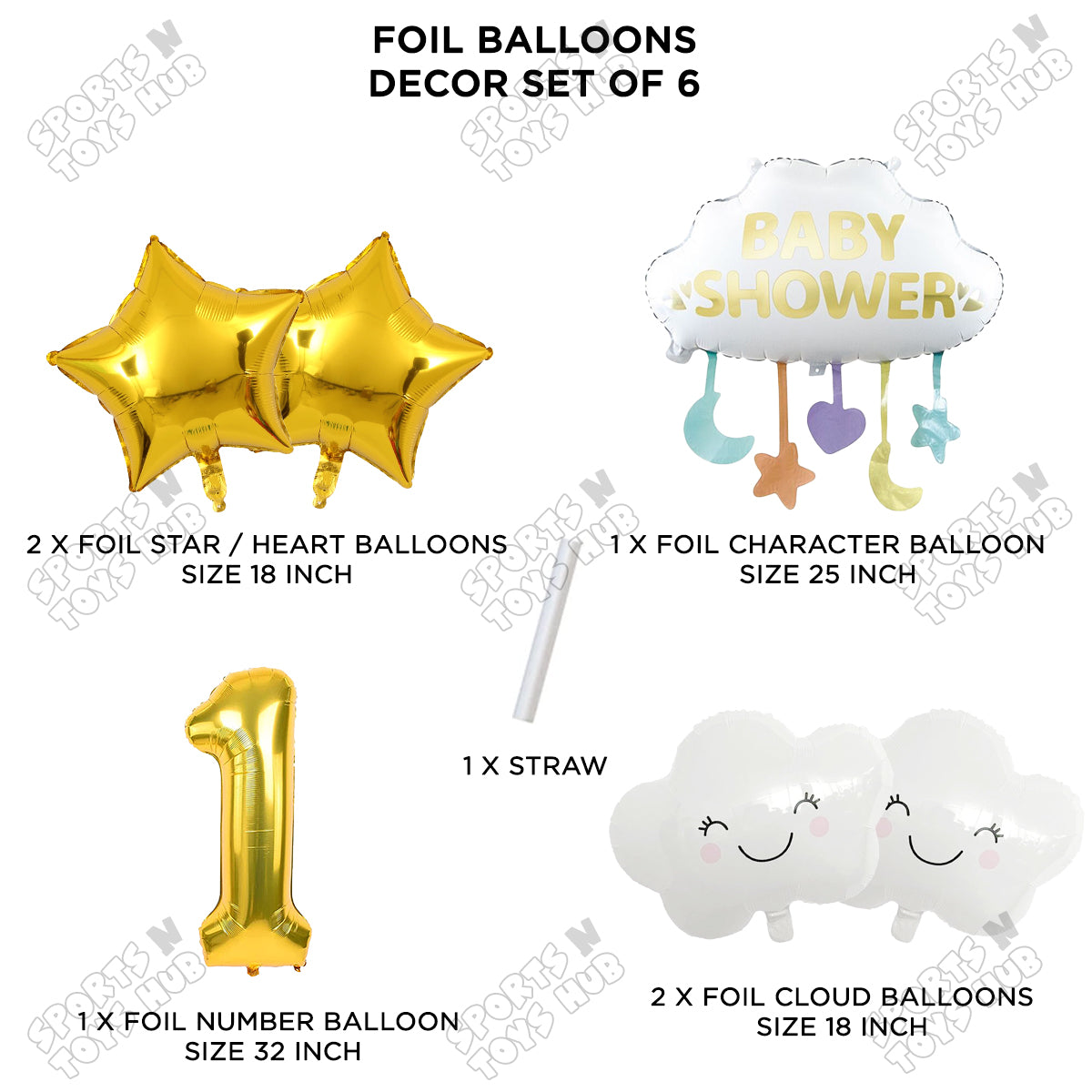 Baby Shower Cloud Pack Of 6 Foil Balloon Set With 32 Inch Foil Balloon Number