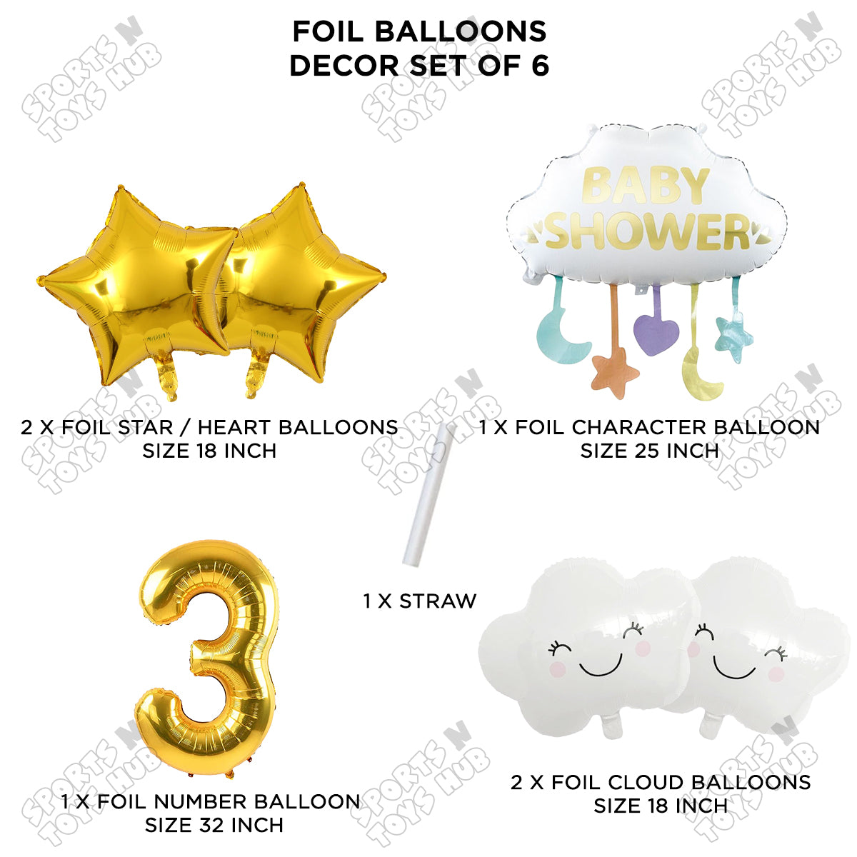 Baby Shower Cloud Pack Of 6 Foil Balloon Set With 32 Inch Foil Balloon Number