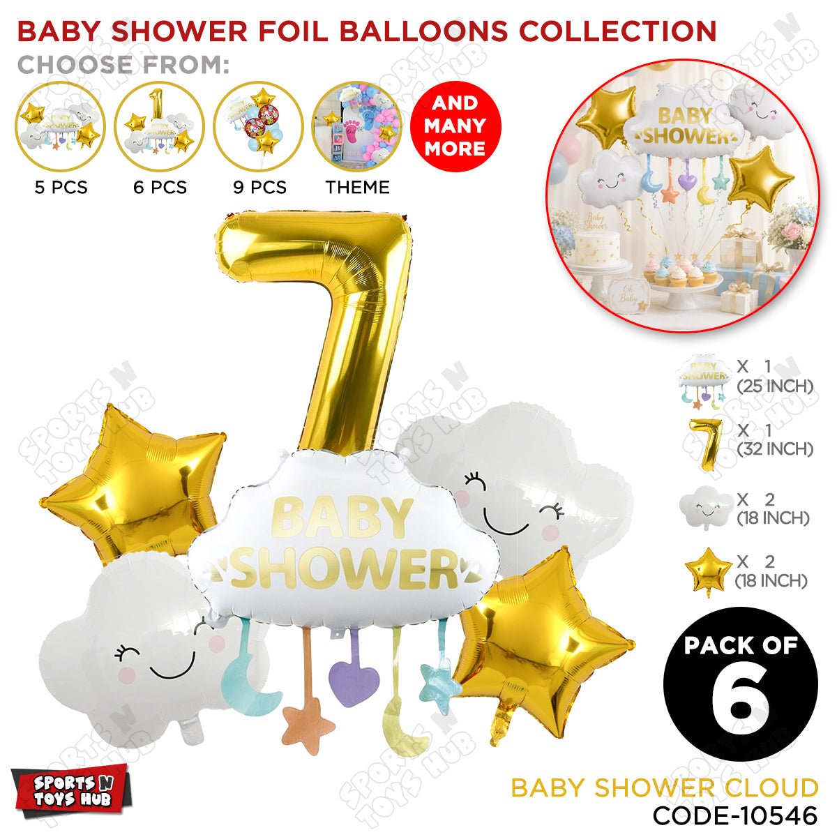 Baby Shower Cloud Pack Of 6 Foil Balloon Set With 32 Inch Foil Balloon Number