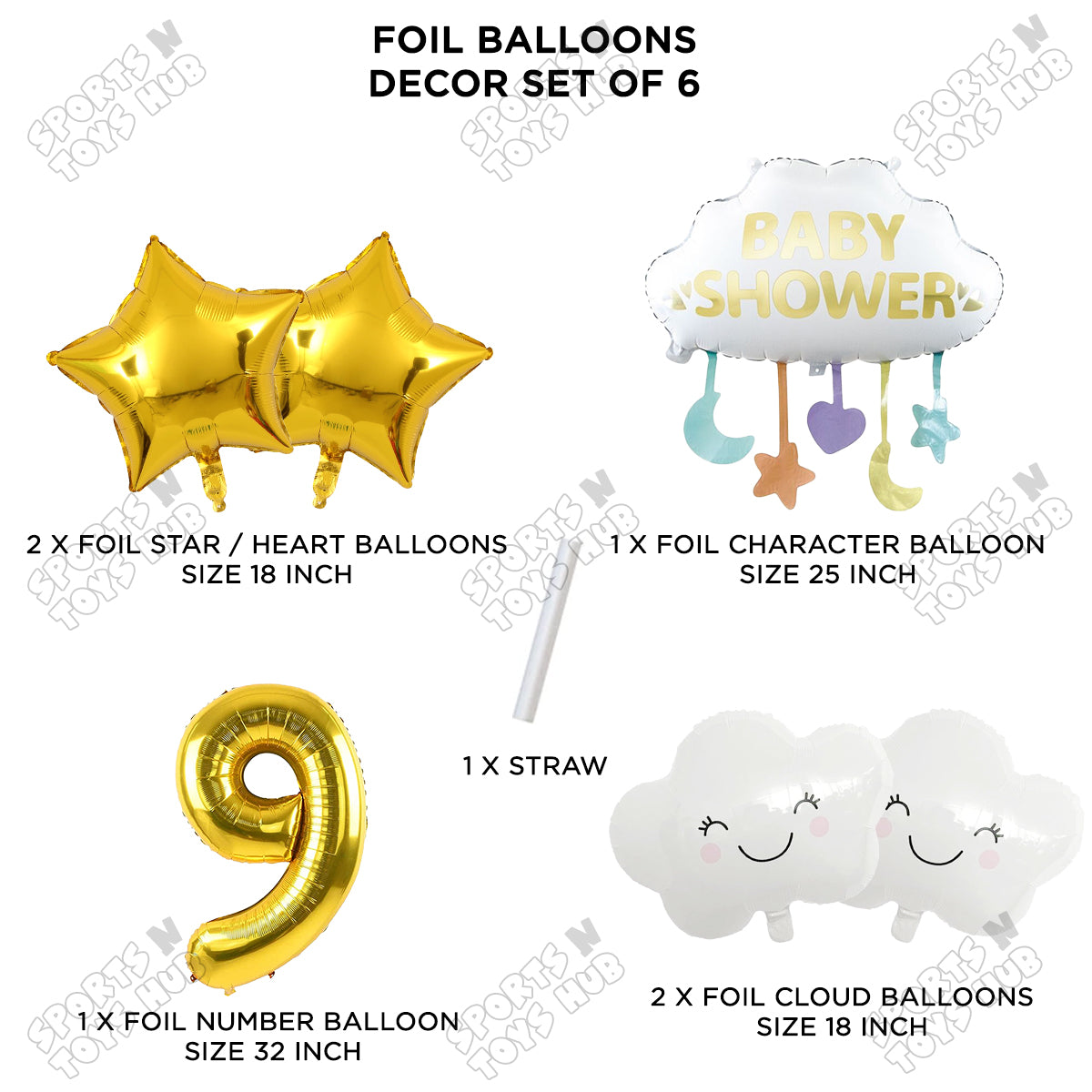 Baby Shower Cloud Pack Of 6 Foil Balloon Set With 32 Inch Foil Balloon Number