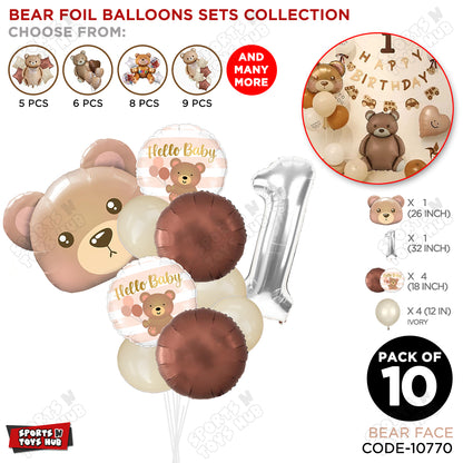 Bear Face With Hello Baby Round Foil Balloon Set - Pack Of 10