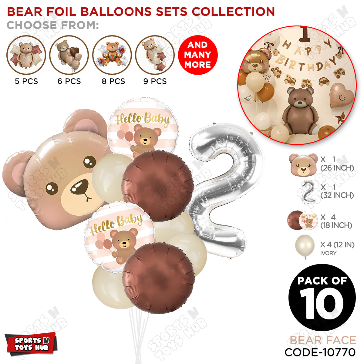Bear Face With Hello Baby Round Foil Balloon Set - Pack Of 10
