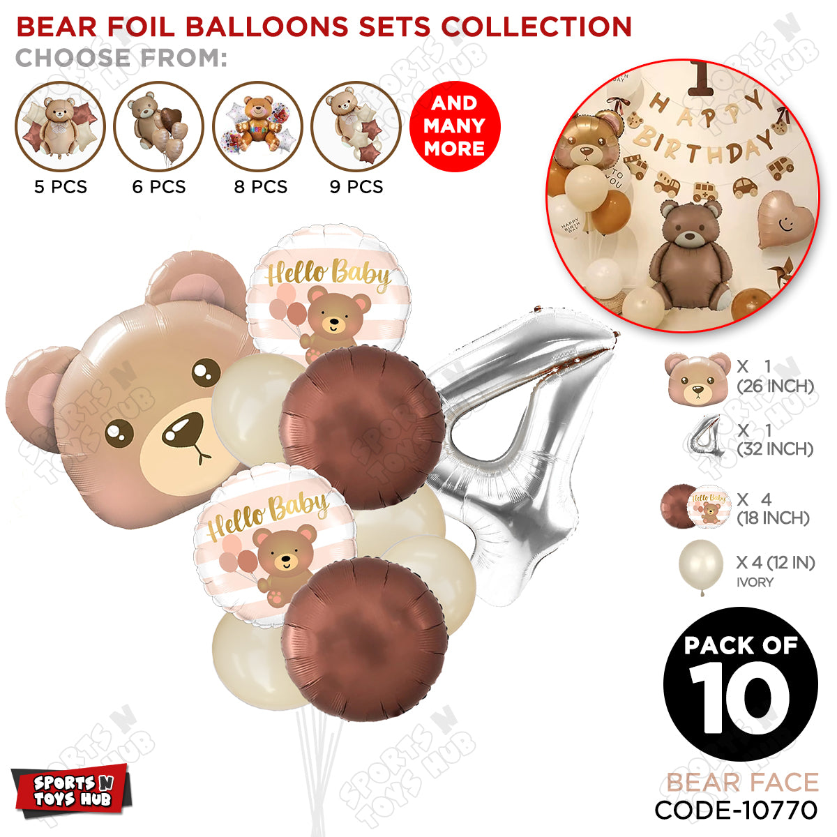 Bear Face With Hello Baby Round Foil Balloon Set - Pack Of 10