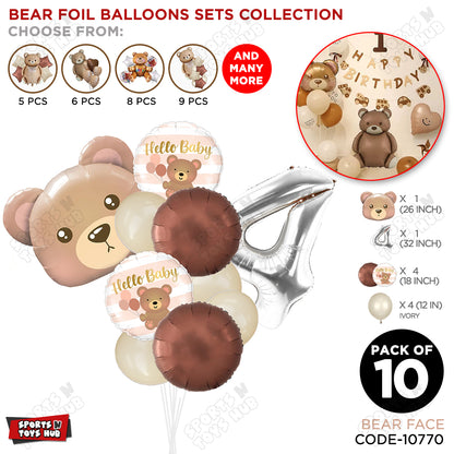 Bear Face With Hello Baby Round Foil Balloon Set - Pack Of 10