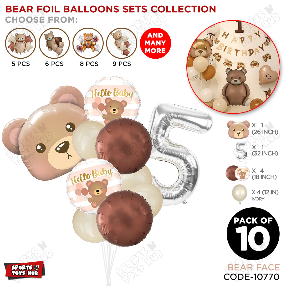 Bear Face With Hello Baby Round Foil Balloon Set - Pack Of 10