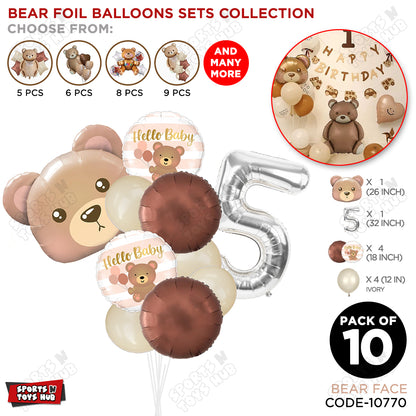 Bear Face With Hello Baby Round Foil Balloon Set - Pack Of 10