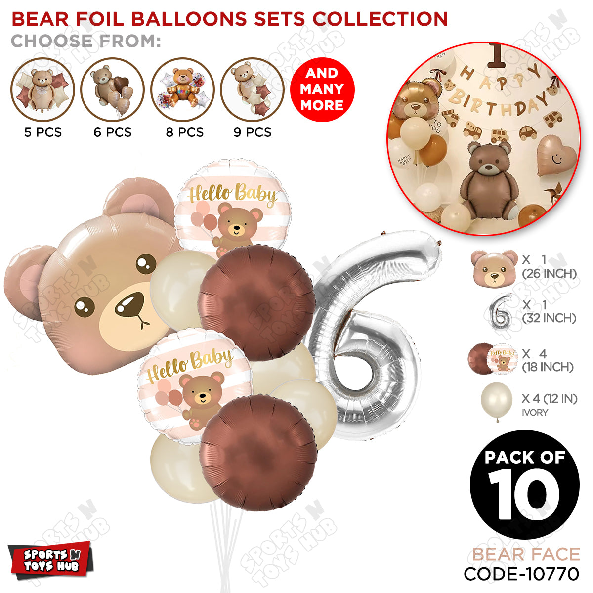 Bear Face With Hello Baby Round Foil Balloon Set - Pack Of 10
