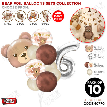 Bear Face With Hello Baby Round Foil Balloon Set - Pack Of 10