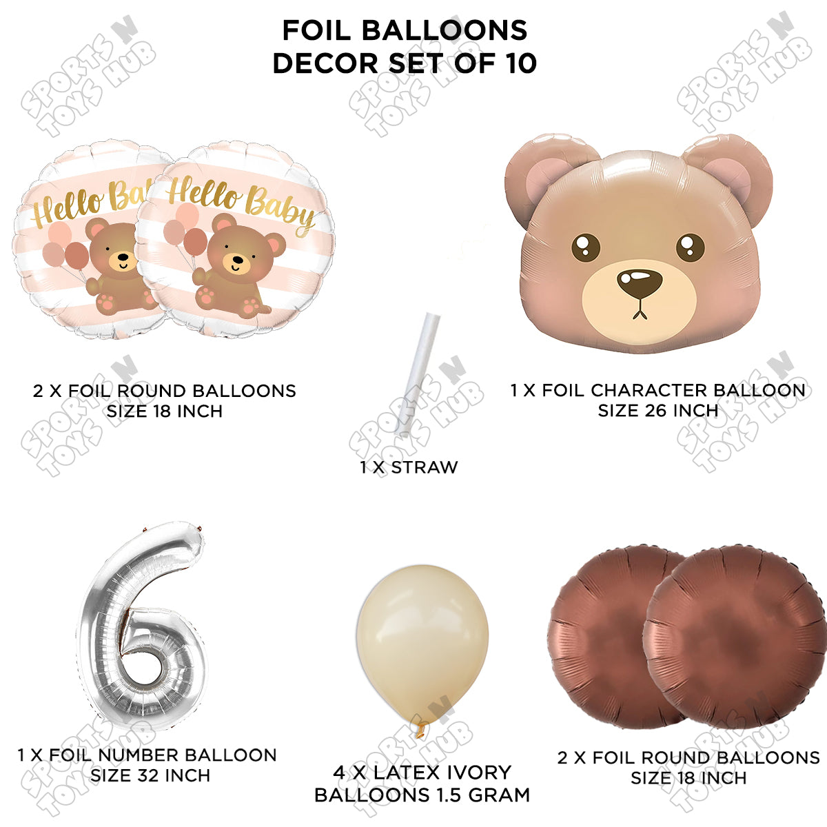 Bear Face With Hello Baby Round Foil Balloon Set - Pack Of 10