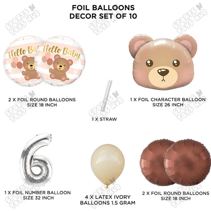 Bear Face With Hello Baby Round Foil Balloon Set - Pack Of 10
