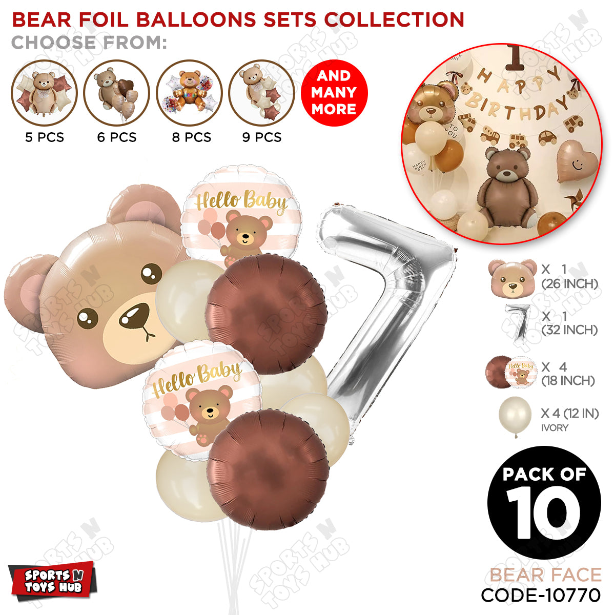 Bear Face With Hello Baby Round Foil Balloon Set - Pack Of 10