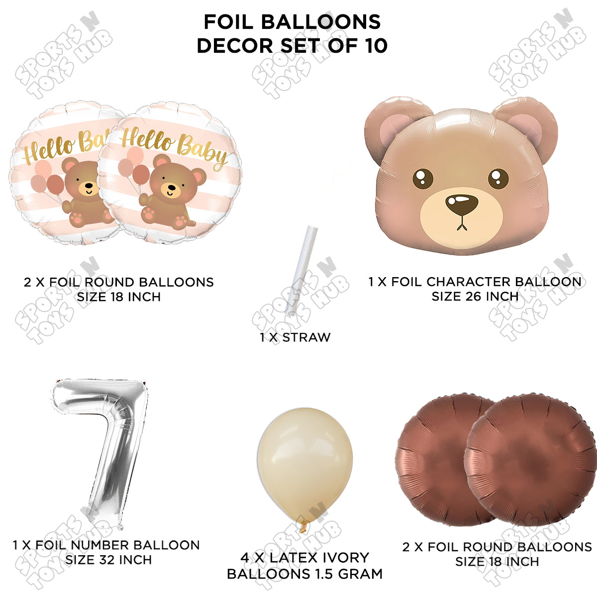 Bear Face With Hello Baby Round Foil Balloon Set - Pack Of 10