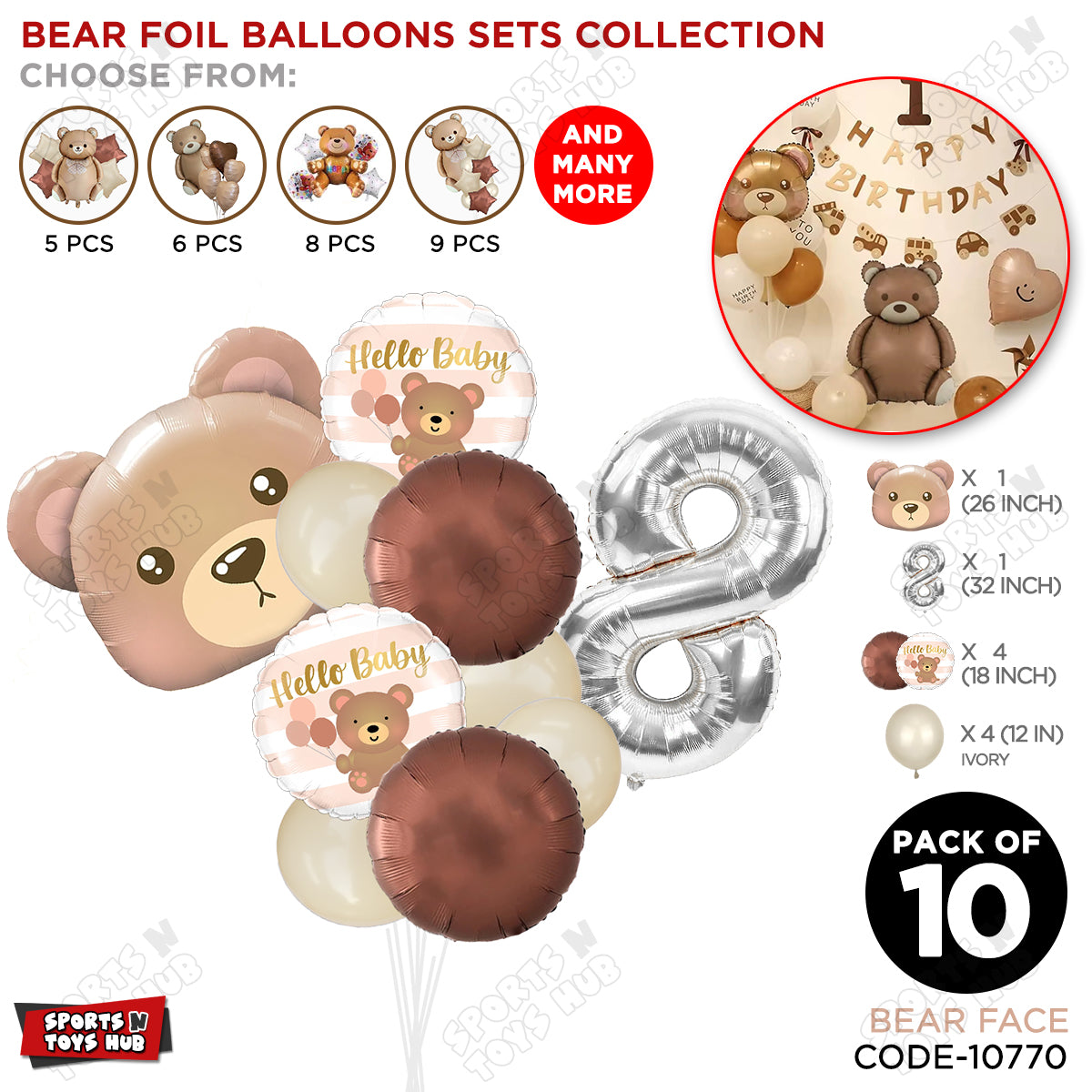 Bear Face With Hello Baby Round Foil Balloon Set - Pack Of 10
