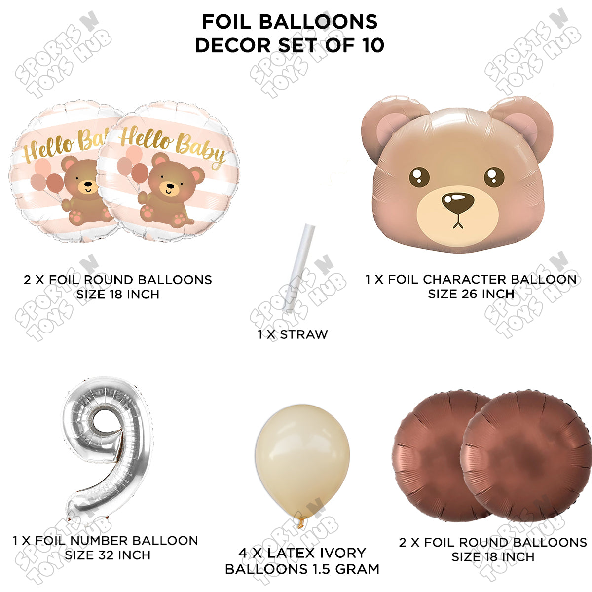 Bear Face With Hello Baby Round Foil Balloon Set - Pack Of 10