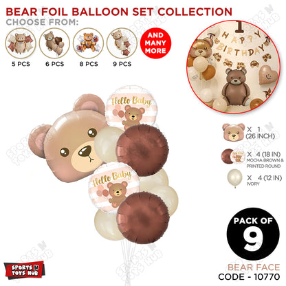 Teddy Bear Face With Hello Baby Round Foil Balloon Set - Pack Of 9