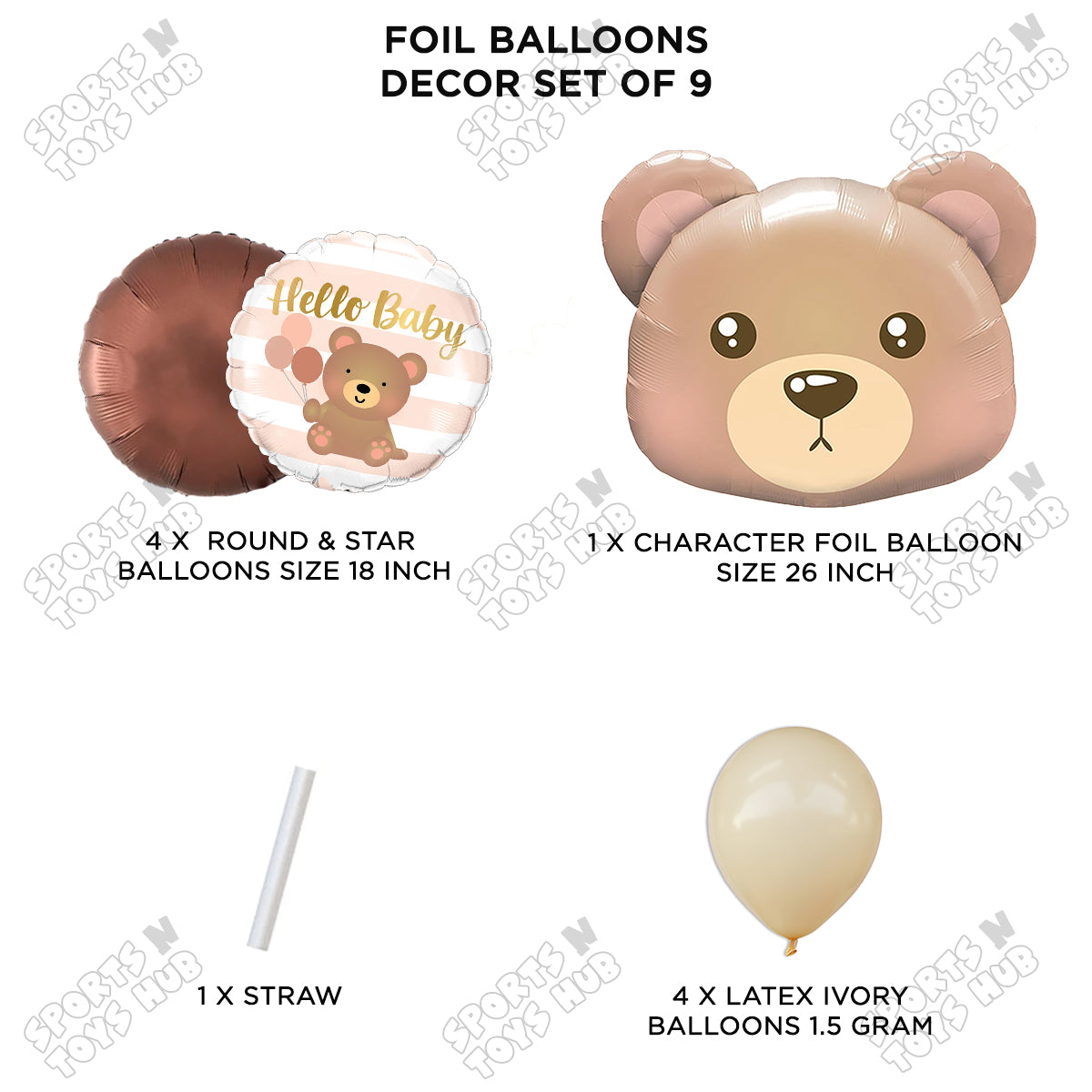 Teddy Bear Face With Hello Baby Round Foil Balloon Set - Pack Of 9