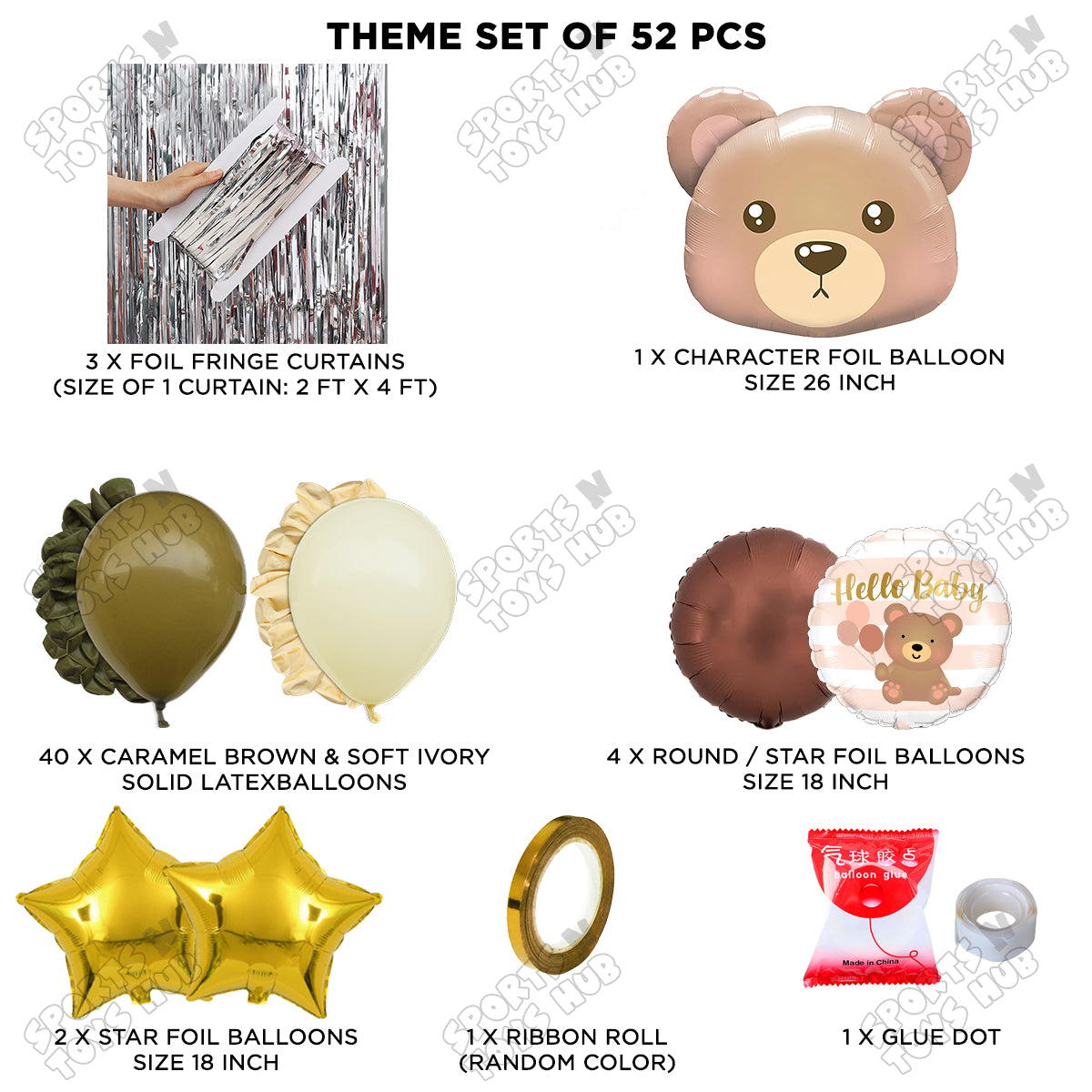 Bear Face With Hello Baby Printed Round Foil Balloon Set Theme