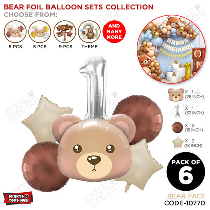 Jungle Safari Bear Face Pack Of 6 Foil Balloon Set