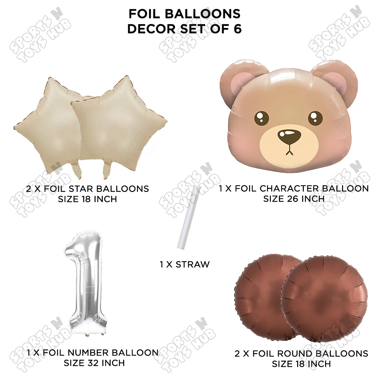 Jungle Safari Bear Face Pack Of 6 Foil Balloon Set