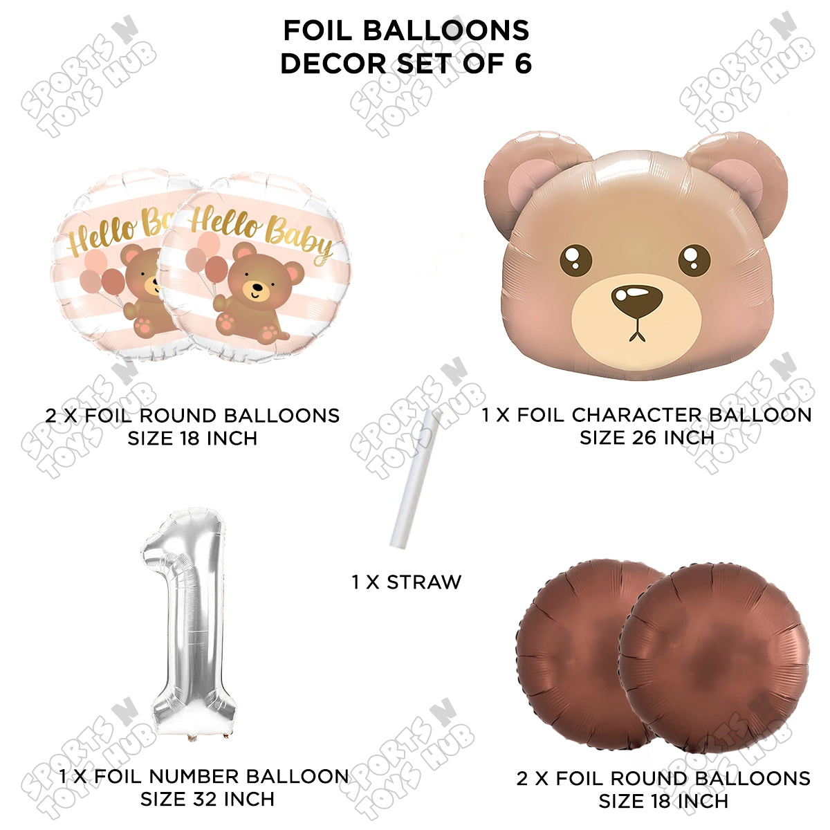 Bear Face With Hello Baby Round Foil Balloon Set - Pack Of 6