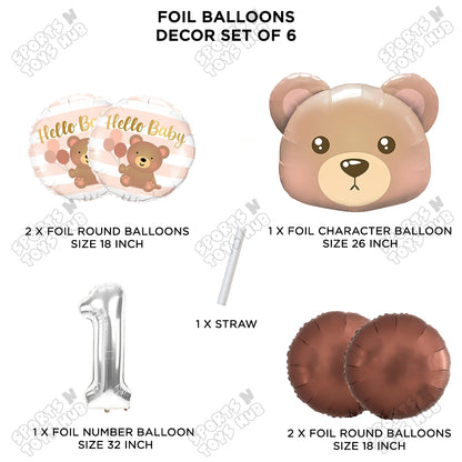 Bear Face With Hello Baby Round Foil Balloon Set - Pack Of 6