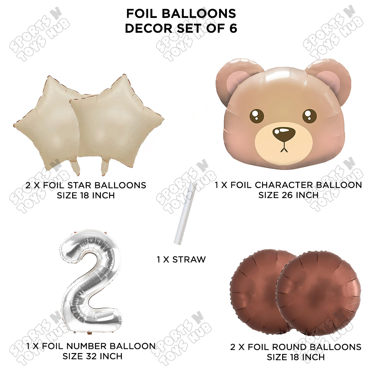 Jungle Safari Bear Face Pack Of 6 Foil Balloon Set