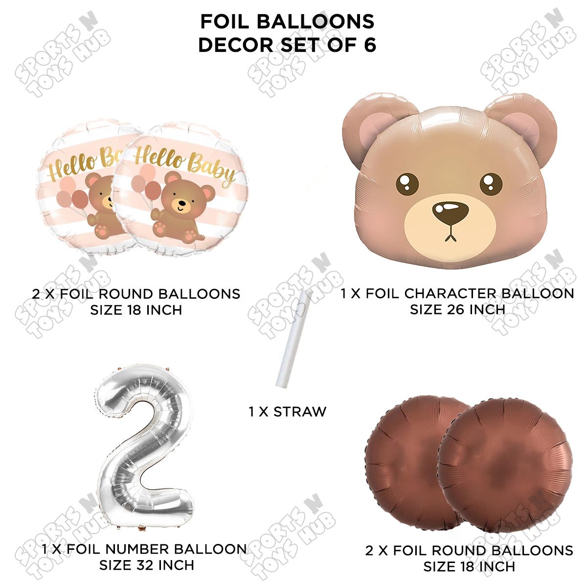 Bear Face With Hello Baby Round Foil Balloon Set - Pack Of 6