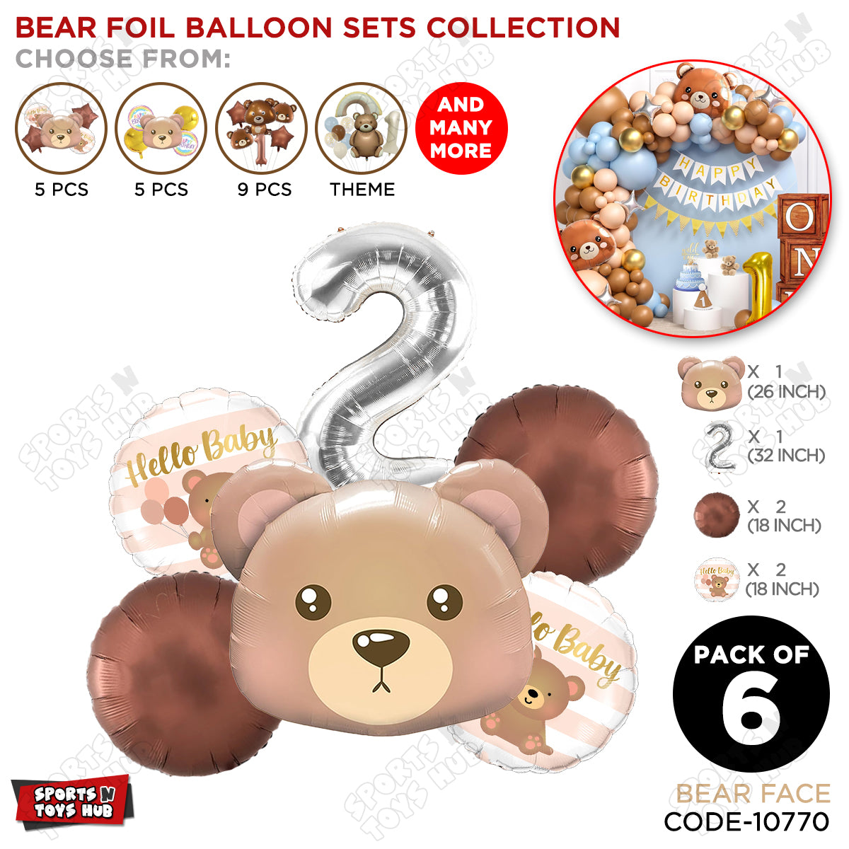 Bear Face With Hello Baby Round Foil Balloon Set - Pack Of 6