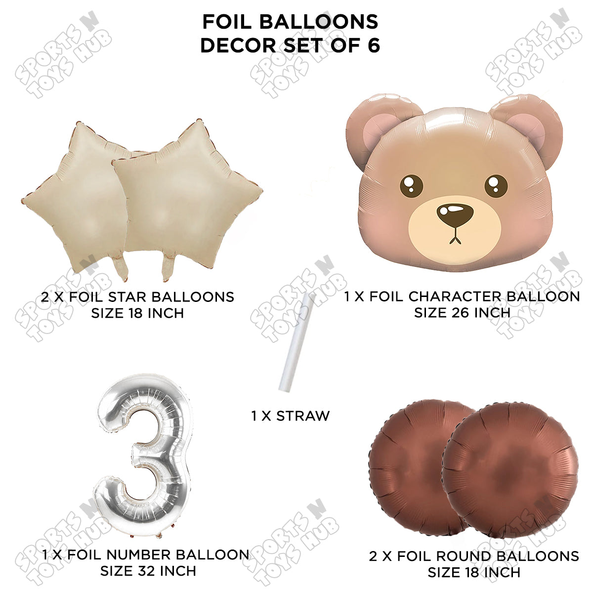 Jungle Safari Bear Face Pack Of 6 Foil Balloon Set