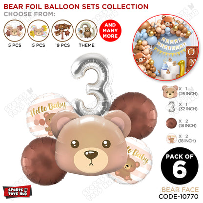 Bear Face With Hello Baby Round Foil Balloon Set - Pack Of 6
