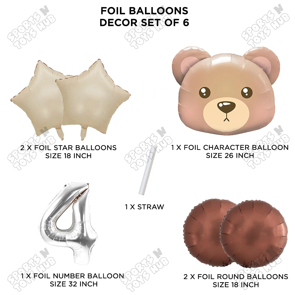 Jungle Safari Bear Face Pack Of 6 Foil Balloon Set