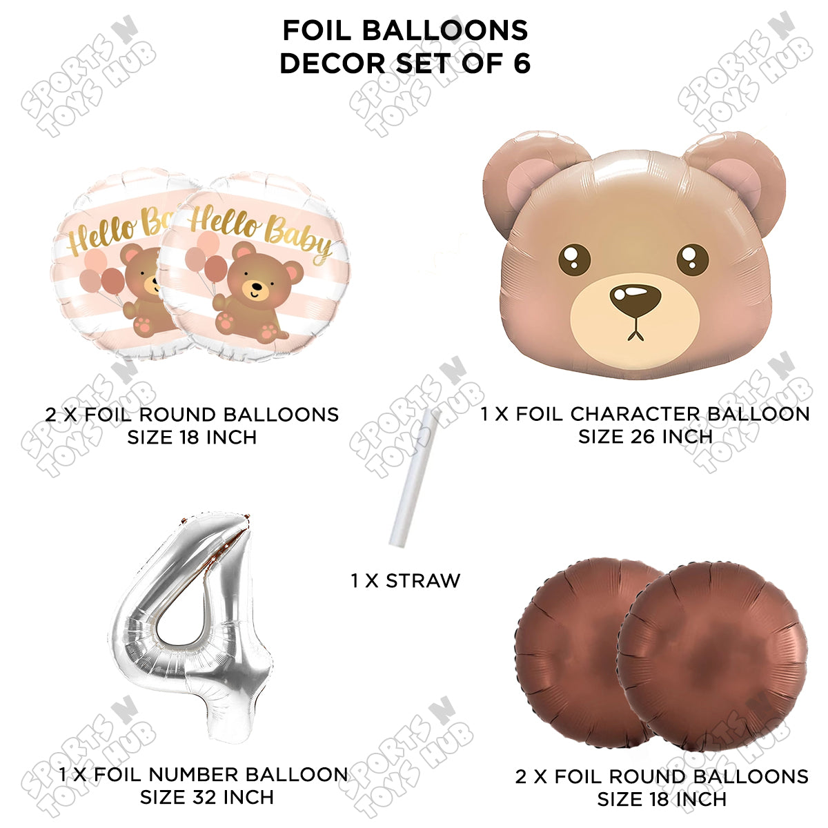 Bear Face With Hello Baby Round Foil Balloon Set - Pack Of 6
