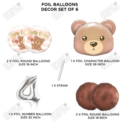 Bear Face With Hello Baby Round Foil Balloon Set - Pack Of 6