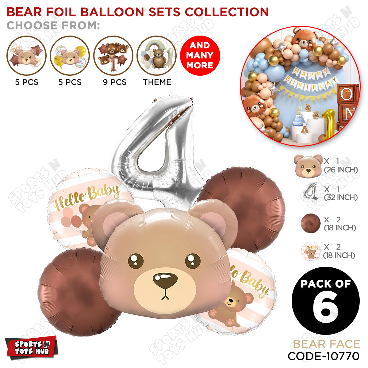 Bear Face With Hello Baby Round Foil Balloon Set - Pack Of 6