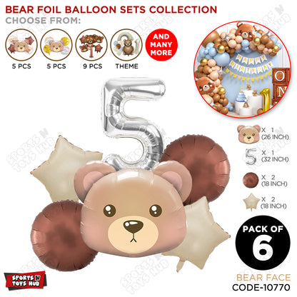 Jungle Safari Bear Face Pack Of 6 Foil Balloon Set