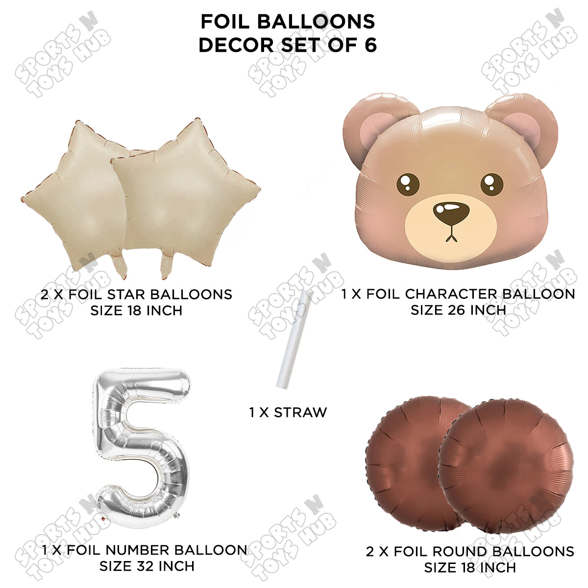 Jungle Safari Bear Face Pack Of 6 Foil Balloon Set