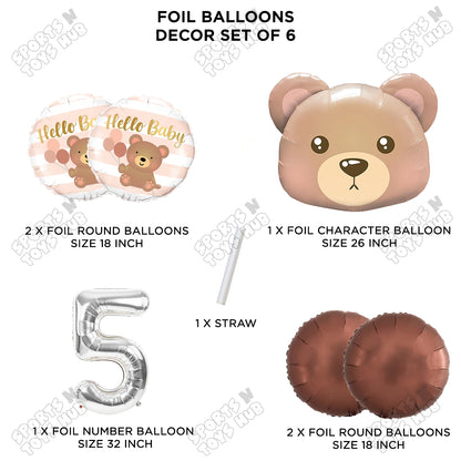 Bear Face With Hello Baby Round Foil Balloon Set - Pack Of 6