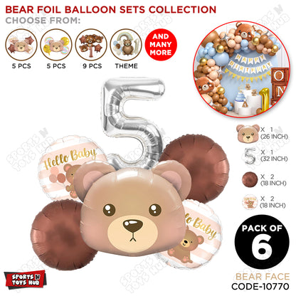 Bear Face With Hello Baby Round Foil Balloon Set - Pack Of 6