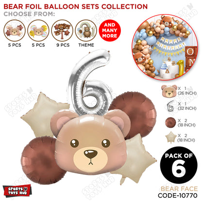 Jungle Safari Bear Face Pack Of 6 Foil Balloon Set