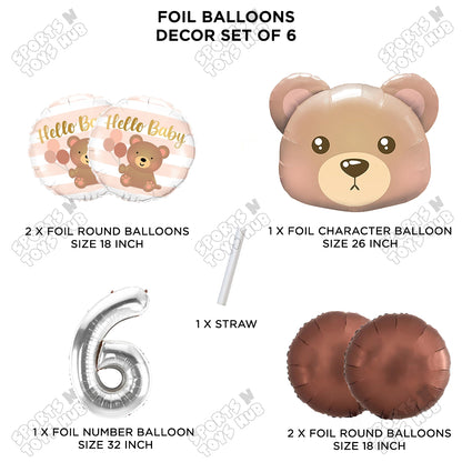 Bear Face With Hello Baby Round Foil Balloon Set - Pack Of 6