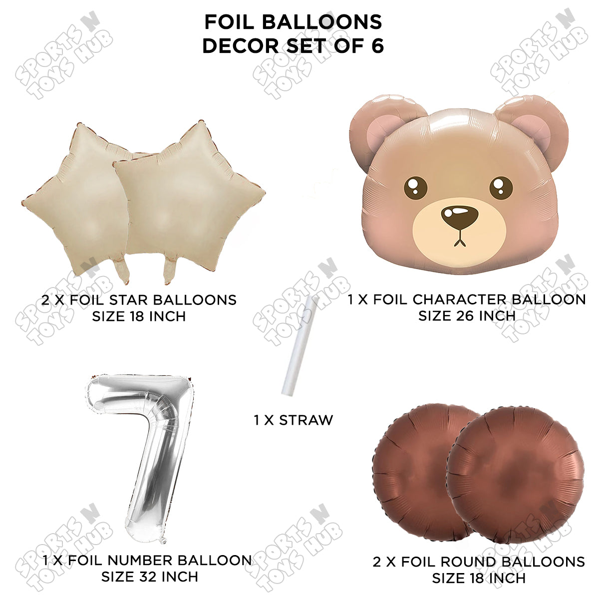 Jungle Safari Bear Face Pack Of 6 Foil Balloon Set