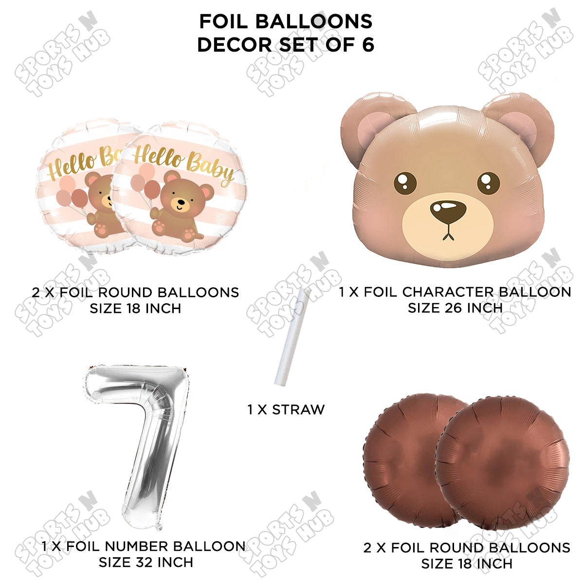 Bear Face With Hello Baby Round Foil Balloon Set - Pack Of 6